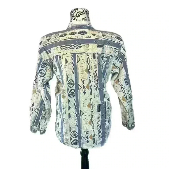 90’s Aztec Tribal Beachy 100% Print Balloon Sleeve Button Down - Picture 7 of 7